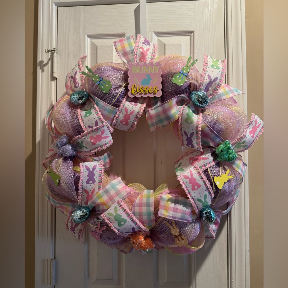 Easter Bunny Kisses Decorative Wreath - Pastel Purple & Plaid